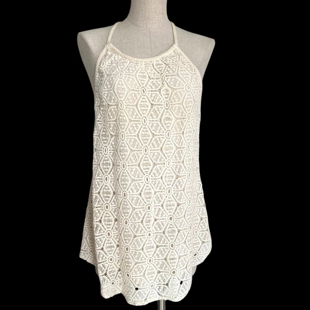 Solitaire Cream Sleeveless Halter Top Crochet Overlay Racerback Womens Size L ?